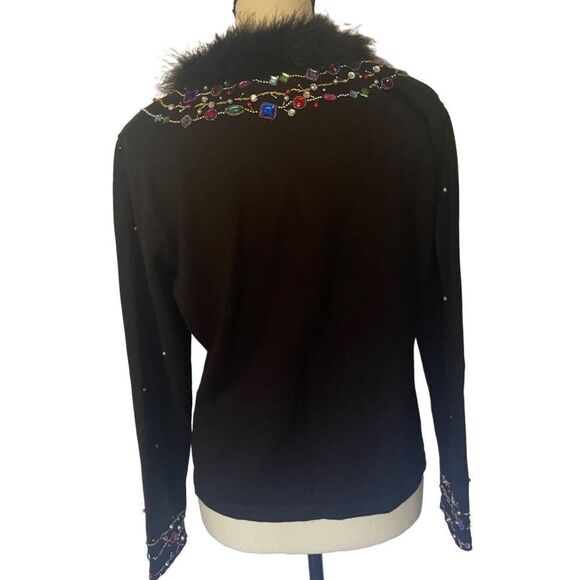 Jack B Quick vintage embellished button down black cardigan w/  faux fur collar - Picture 4 of 12